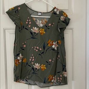 Old Navy Olive Floral V-Neck Blouse
